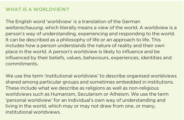 WHAT IS A WORLDVIEW?
The English word ‘worldview’ is a translation of the German weltanschauung, which literally means a view of the world. A worldview is a person’s way of understanding, experiencing and responding to the world. It can be described as a philosophy of life or an approach to life. This includes how a person understands the nature of reality and their own place in the world. A person’s worldview is likely to influence and be influenced by their beliefs, values, behaviours, experiences, identities and commitments.
We use the term ‘institutional worldview’ to describe organised worldviews shared among particular groups and sometimes embedded in institutions. These include what we describe as religions as well as non-religious worldviews such as Humanism, Secularism or Atheism. We use the term ‘personal worldview’ for an individual’s own way of understanding and living in the world, which may or may not draw from one, or many, institutional worldviews.